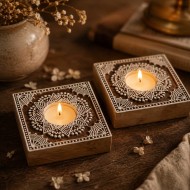 Chhapo- Square Shape- Wooden Print Block T Light Candle Holder