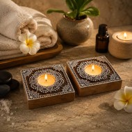 Chhapo- Square Shape- Wooden Print Block T Light Candle Holder