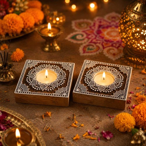 Chhapo- Square Shape- Wooden Print Block T Light Candle Holder