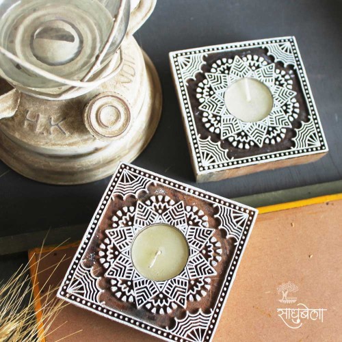 Chhapo- Square Shape- Wooden Print Block T Light Candle Holder