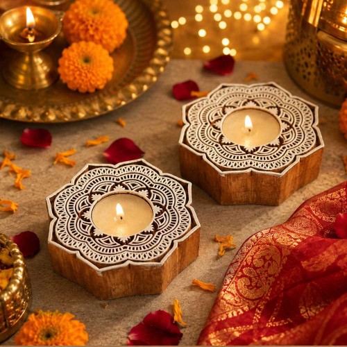 Chhapo- Lotus Art- Wooden Print Block T Light Candle Holder