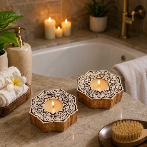 Chhapo- Lotus Art- Wooden Print Block T Light Candle Holder
