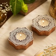 Chhapo- Lotus Art- Wooden Print Block T Light Candle Holder