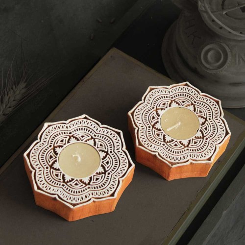 Chhapo- Lotus Art- Wooden Print Block T Light Candle Holder