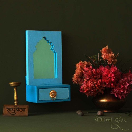 Saubhagya Darpan- Mini Dressing Unit- Wall Decor Wooden Mirror Chest - Blue Saubhagya Darpan- Mini Dressing Unit- Wall Decor Wooden Mirror Chest - Blue