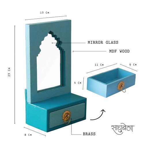 Saubhagya Darpan- Mini Dressing Unit- Wall Decor Wooden Mirror Chest - Blue Saubhagya Darpan- Mini Dressing Unit- Wall Decor Wooden Mirror Chest - Blue