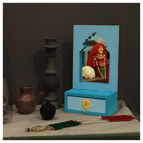 Saubhagya Darpan- Mini Dressing Unit- Wall Decor Wooden Mirror Chest - Blue Saubhagya Darpan- Mini Dressing Unit- Wall Decor Wooden Mirror Chest - Blue