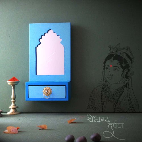 Saubhagya Darpan- Mini Dressing Unit- Wall Decor Wooden Mirror Chest - Blue Saubhagya Darpan- Mini Dressing Unit- Wall Decor Wooden Mirror Chest - Blue