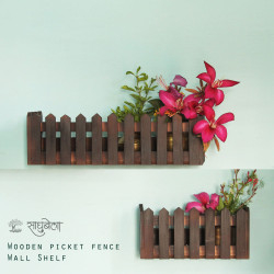 Baad Wall Shelf - Picket Fence Style Wooden Wall Shelf - Brown Polished Baad Wall Shelf - Picket Fence Style Wooden Wall Shelf - Brown Polished