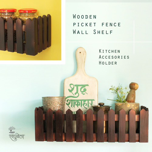 Baad Wall Shelf - Picket Fence Style Wooden Wall Shelf - Brown Polished