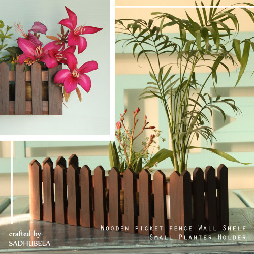 Baad Wall Shelf - Picket Fence Style Wooden Wall Shelf - Brown Polished