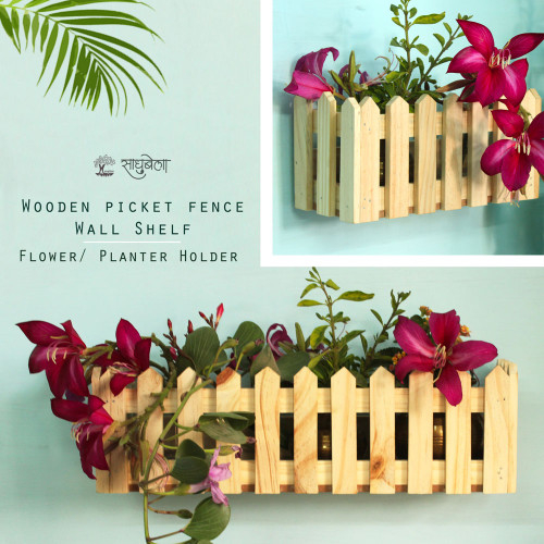 Baad Wall Shelf - Picket Fence Style Wooden Wall Shelf - Natural