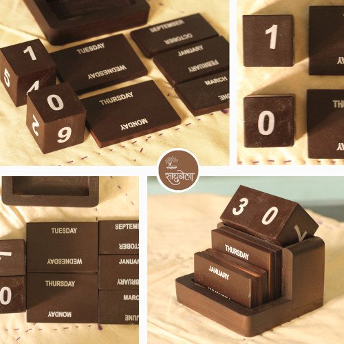 Desk Calendar - Brown Polished Wooden Endless Calendar -Flip 'n' Lift Dices and Slices Desk Calendar - Brown Polished Wooden Endless Calendar -Flip 'n' Lift Dices and Slices