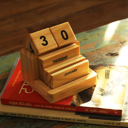 Desk Calendar - Natural Wooden Endless Calendar -Flip 'n' Lift Dices and Slices
