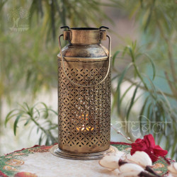 Milk Can Lantern- Medium- Perforated Antique Golden Finished Candle Holder