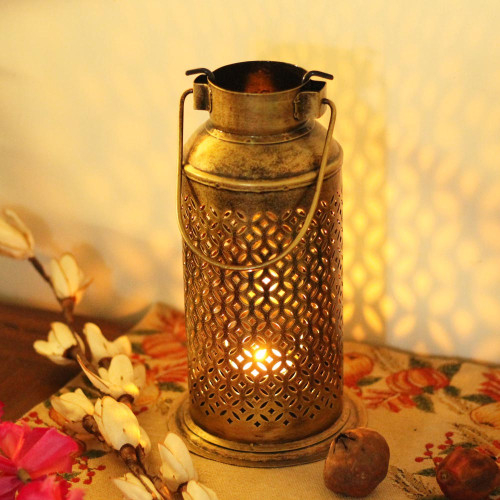 Milk Can Lantern- Medium- Perforated Antique Golden Finished Candle Holder