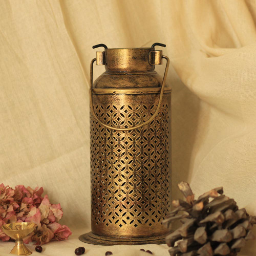 Milk Can Lantern- Medium- Perforated Antique Golden Finished Candle Holder