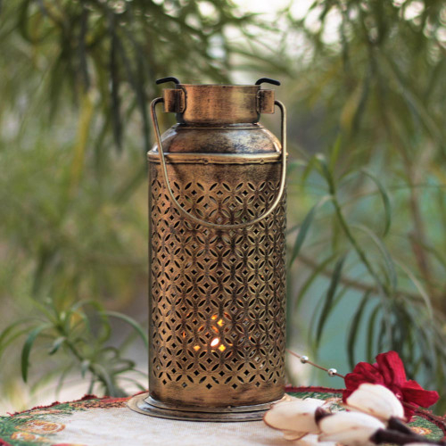 Milk Can Lantern- Medium- Perforated Antique Golden Finished Candle Holder