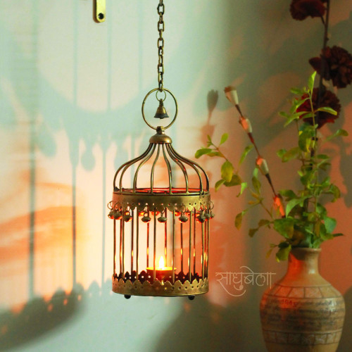 Panjarika- Golden Hanging Cage Lantern cum Flower Holder- Wall Decor Unit
