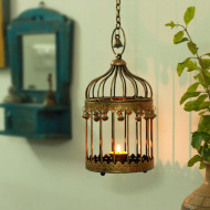 Panjarika- Golden Hanging Cage Lantern cum Flower Holder- Wall Decor Unit
