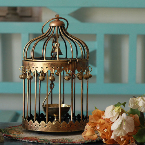 Panjarika- Golden Hanging Cage Lantern cum Flower Holder- Wall Decor Unit