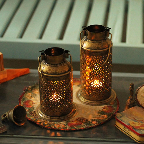 Milk Can Lanterns- Set of Small and Medium- Perforated Antique Golden Finished Candle Holder Lanterns