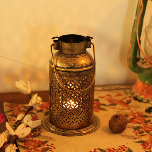 Milk Can Lantern- Small- Perforated Antique Golden Finished Candle Holder