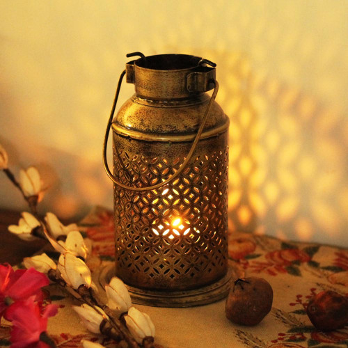Milk Can Lantern- Small- Perforated Antique Golden Finished Candle Holder