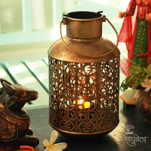 Barmeri Pot - Antique Golden Polished Diya Candle Lantern