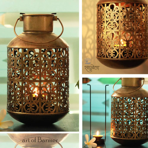 Barmeri Pot - Antique Golden Polished Diya Candle Lantern