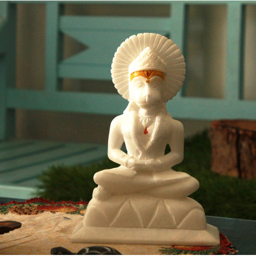 Aanjneya- Meditating Hanuman- White Stone Craft Idol