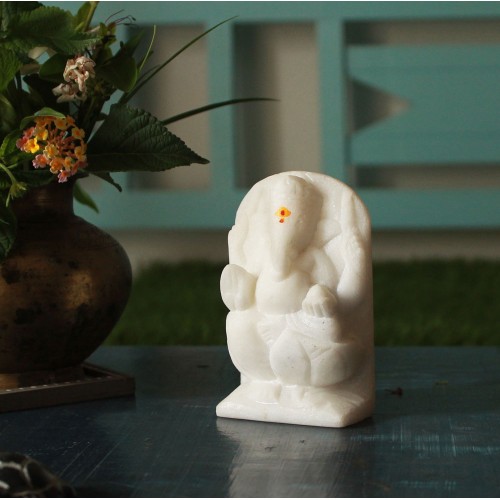 Vighnaharta- Makrana White Stone Craft Shree Ganesha Idol