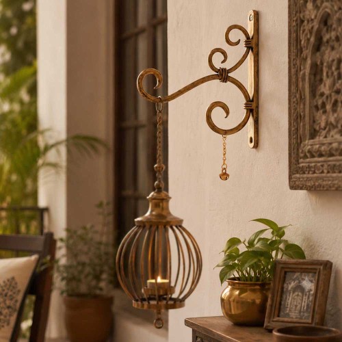 Kamal Hans Ankud – Handmade Wrought Iron Wall Mount Lantern & Planter Hanger with Brass Ghungroo | Antique Golden Finish