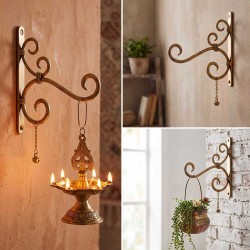 Kamal Hans Ankud – Handmade Wrought Iron Wall Mount Lantern & Planter Hanger with Brass Ghungroo | Antique Golden Finish