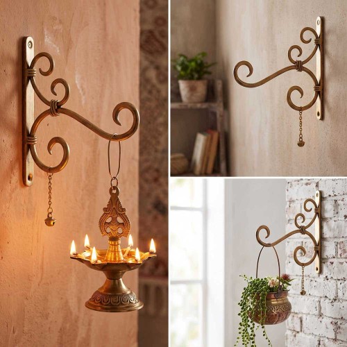 Kamal Hans Ankud – Handmade Wrought Iron Wall Mount Lantern & Planter Hanger with Brass Ghungroo | Antique Golden Finish