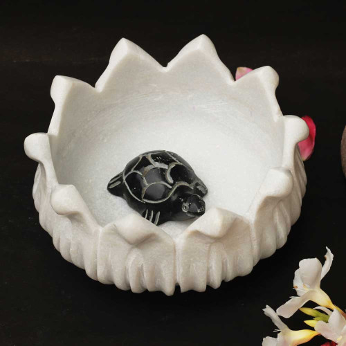 Kurmavtar - Divine Support- Black Stone Turtle in Lotus-Shaped Urli Bowl