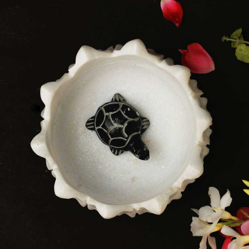 Kurmavtar - Divine Support- Black Stone Turtle in Lotus-Shaped Urli Bowl
